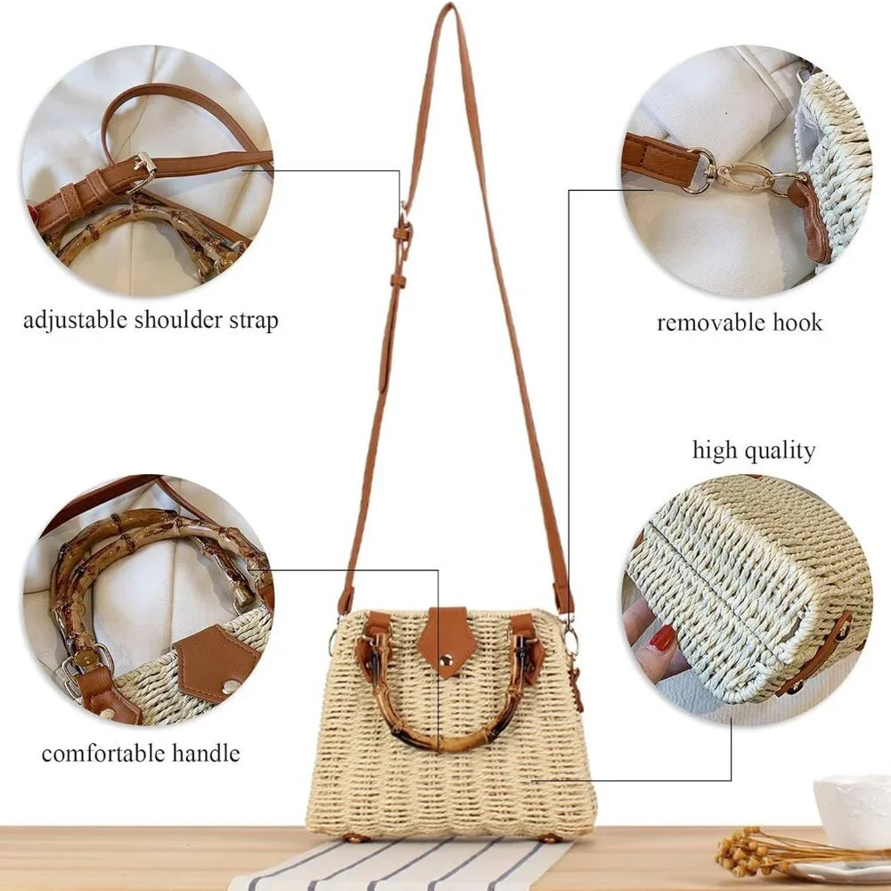 Straw Purses for Women Trendy Summer Woven Tote Bag Straw Basket Crossbody Wicke - Picture 3 of 7